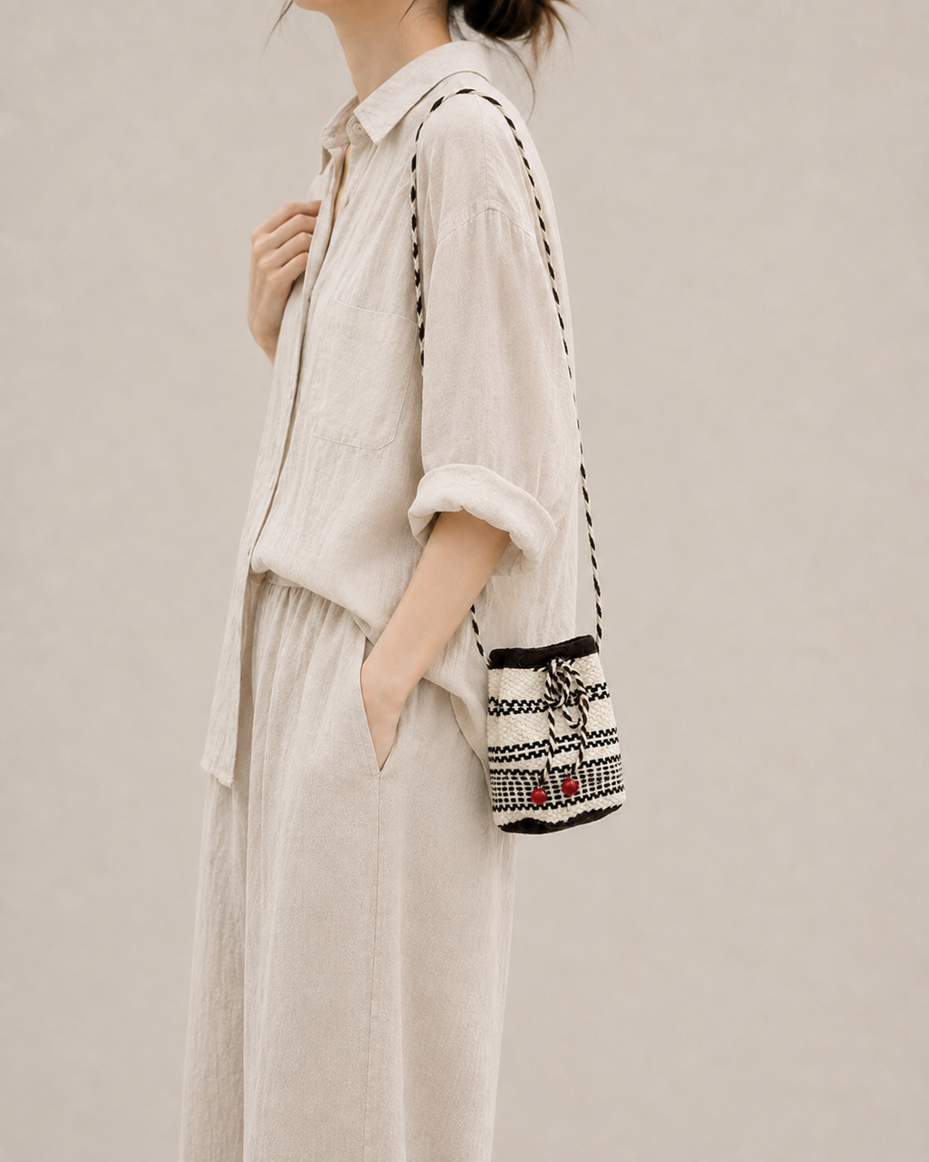 Monochrome Cord Mini Bucket Bag