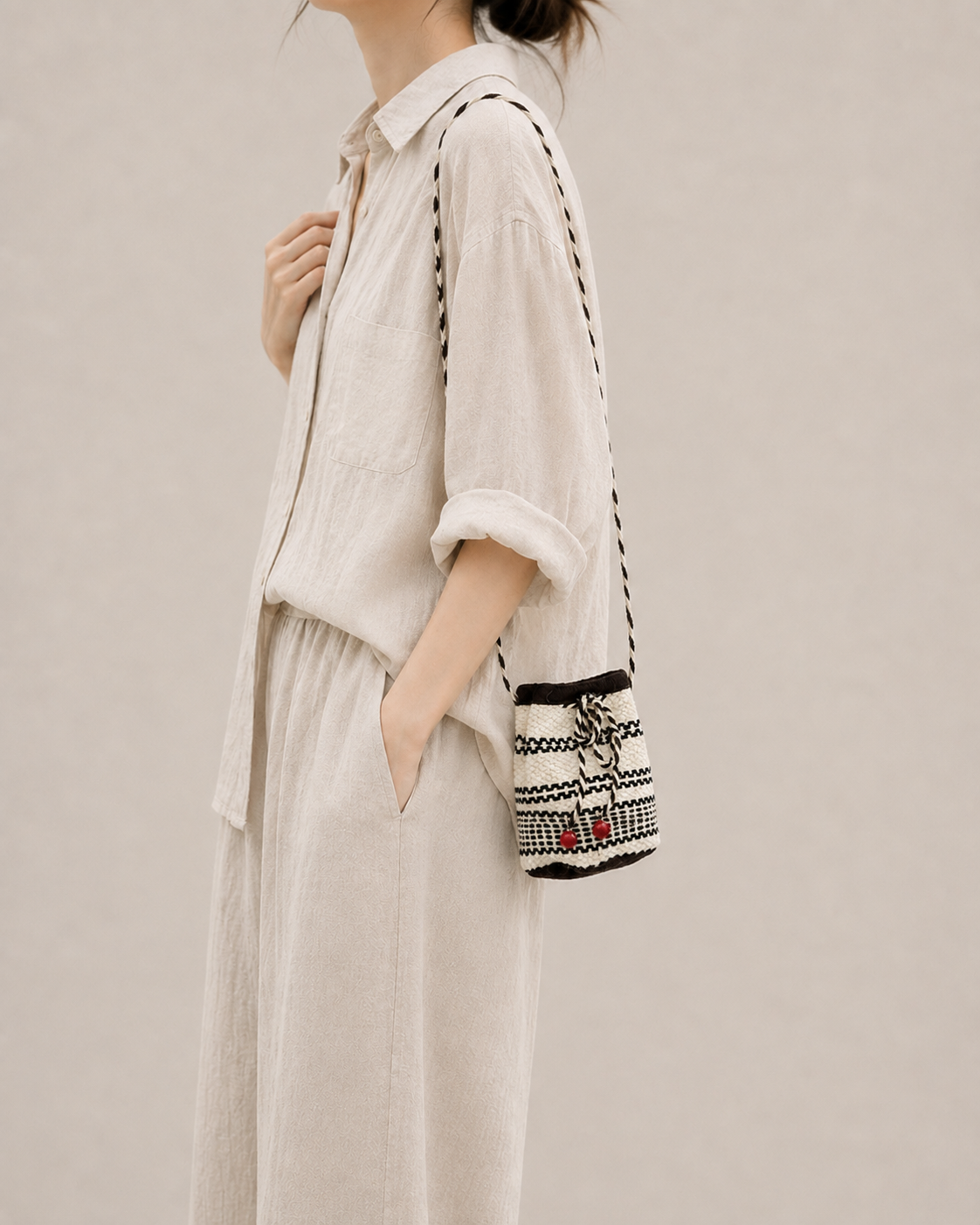 Monochrome Cord Mini Bucket Bag
